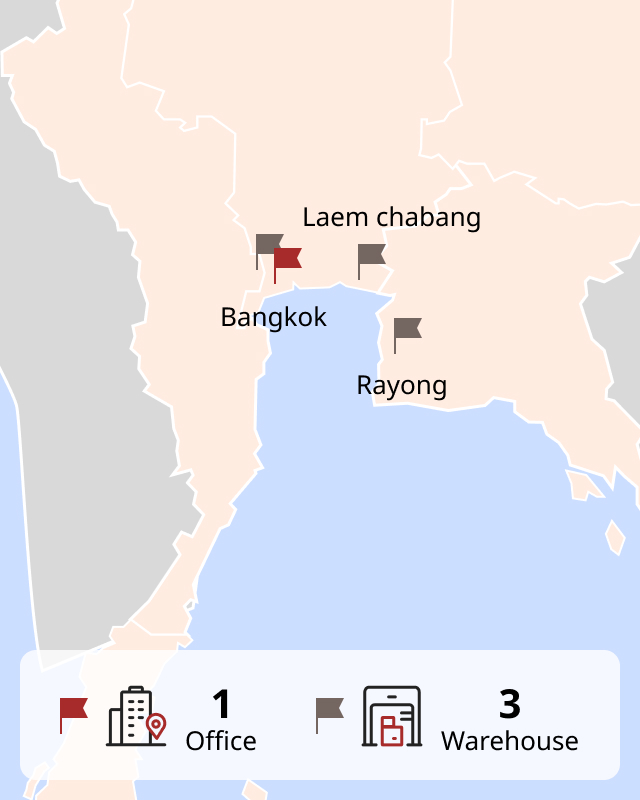 Office : Bangkok
Warehouse : Laem chabang, Bangkok, Rayong