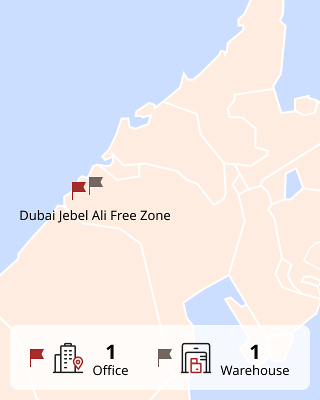 Office : Dubai Jebel Ali Free Zone
Warehouse  : Dubai Jebel Ali Free Zone